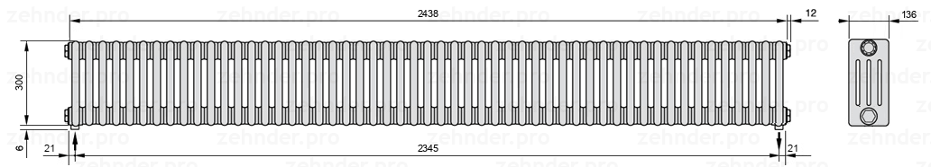 Схема (чертеж) Радиатор Zehnder Charleston 4030/53 №3570 Белый глянцевый RAL 9016